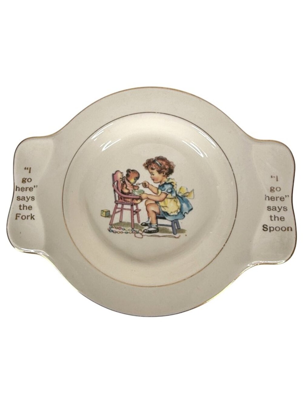 VTG My Own Plate Childs Dish Girl Feeding‎ Teddy Bear Homer Laughlin Gold Trim